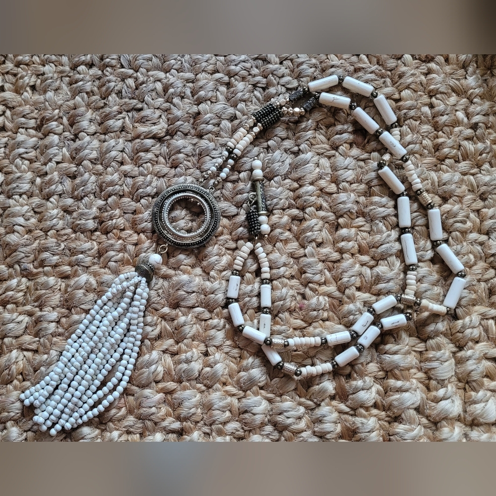 Ivory, brass and bronze long beaded mixed metal tassled necklace